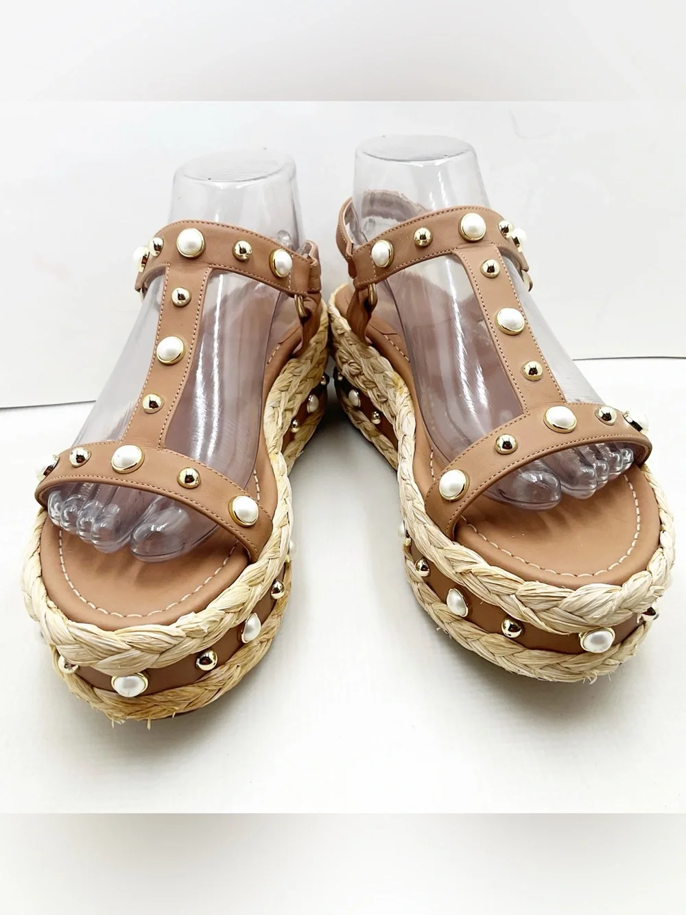 {Stuart Weitzman} Beraffia Pearl Studded Platform Sandals